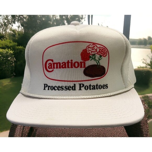 Vintage Carnation Snapback Trucker Hat  Farm Processed Potatoes White 80s - Picture 1 of 10